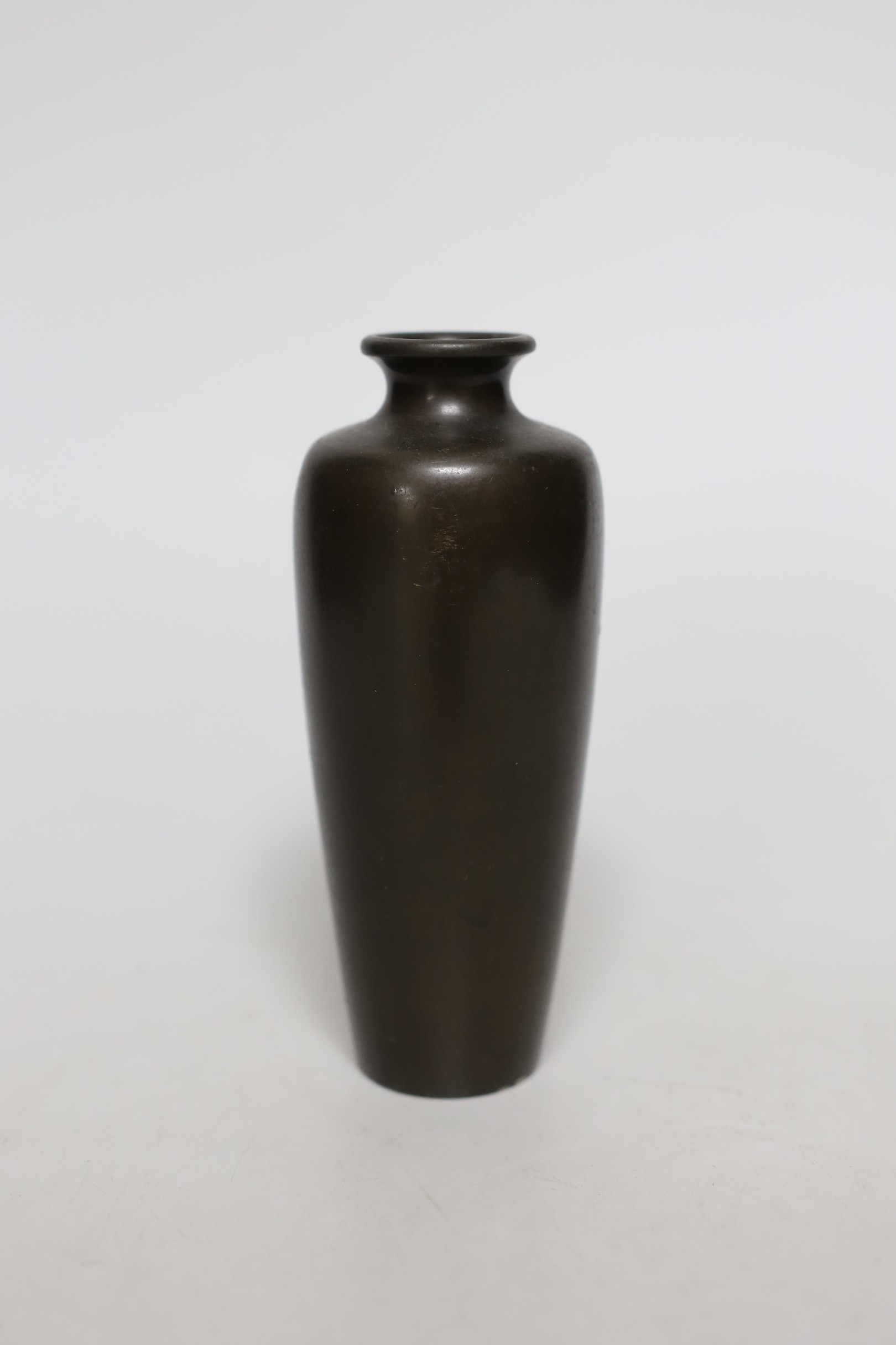 A Japanese bronze vase, inset with a mixed metal pheasant design, 15cm high